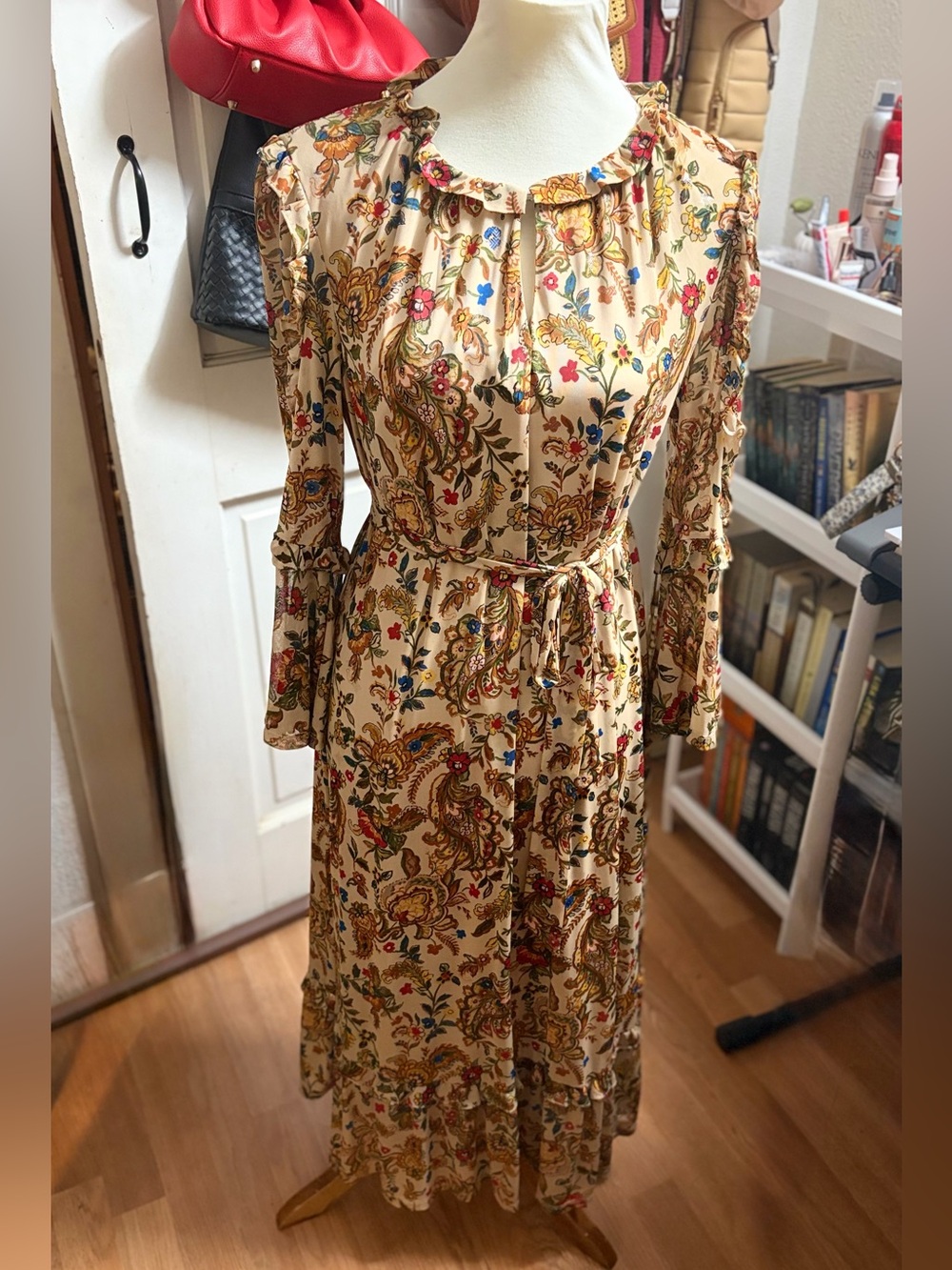 Floral Paisley Beige Maxi Dress with Tie Waist